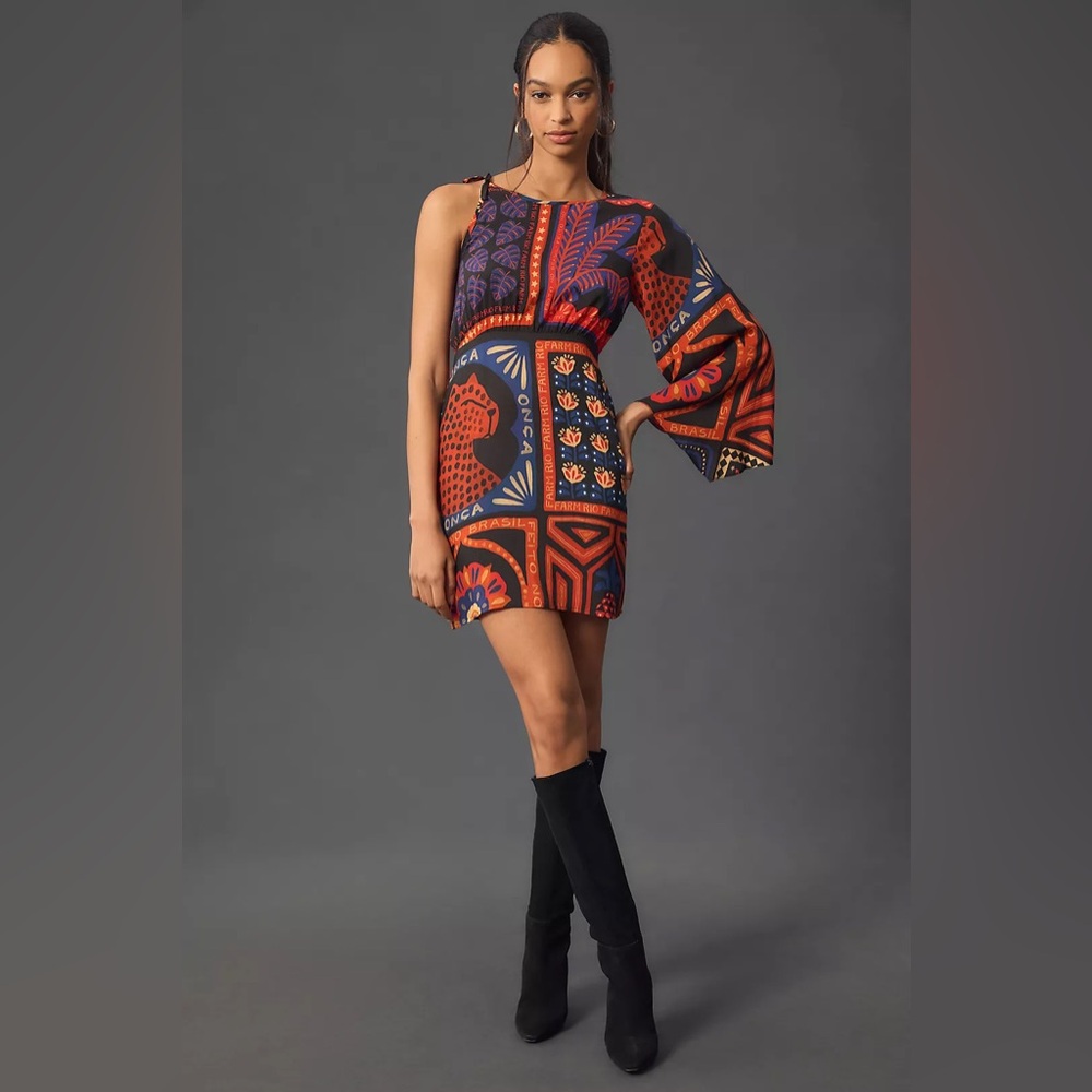 Farm Rio One-Shoulder Flare Sleeve Cheetah Floral Mini Dress Size Small